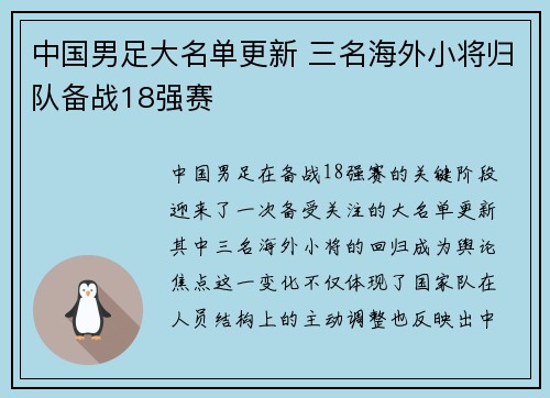 中国男足大名单更新 三名海外小将归队备战18强赛